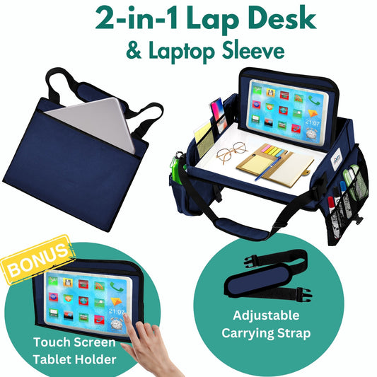 Cerizona Travel Lap Desk – Foldable, Portable Laptop Desk with Built-in Storage, Cup Holder, and Carrying Case, for Car, Remote Work, School, Road Trips, and Craft Activities | Fits Laptops up to 15.6" (Navy)