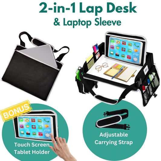 Cerizona Travel Lap Desk – Foldable, Portable Laptop Desk with Built-in Storage, Cup Holder, and Carrying Case, for Car, Remote Work, School, Road Trips, and Craft Activities | Fits Laptops up to 15.6" (Black)