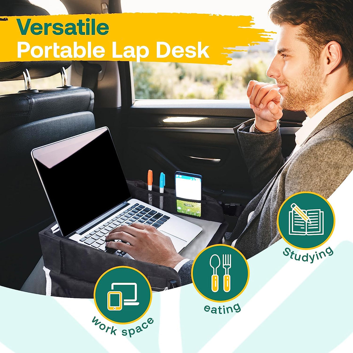 Cerizona Travel Lap Desk – Foldable, Portable Laptop Desk with Built-in Storage, Cup Holder, and Carrying Case, for Car, Remote Work, School, Road Trips, and Craft Activities | Fits Laptops up to 15.6" (Black)
