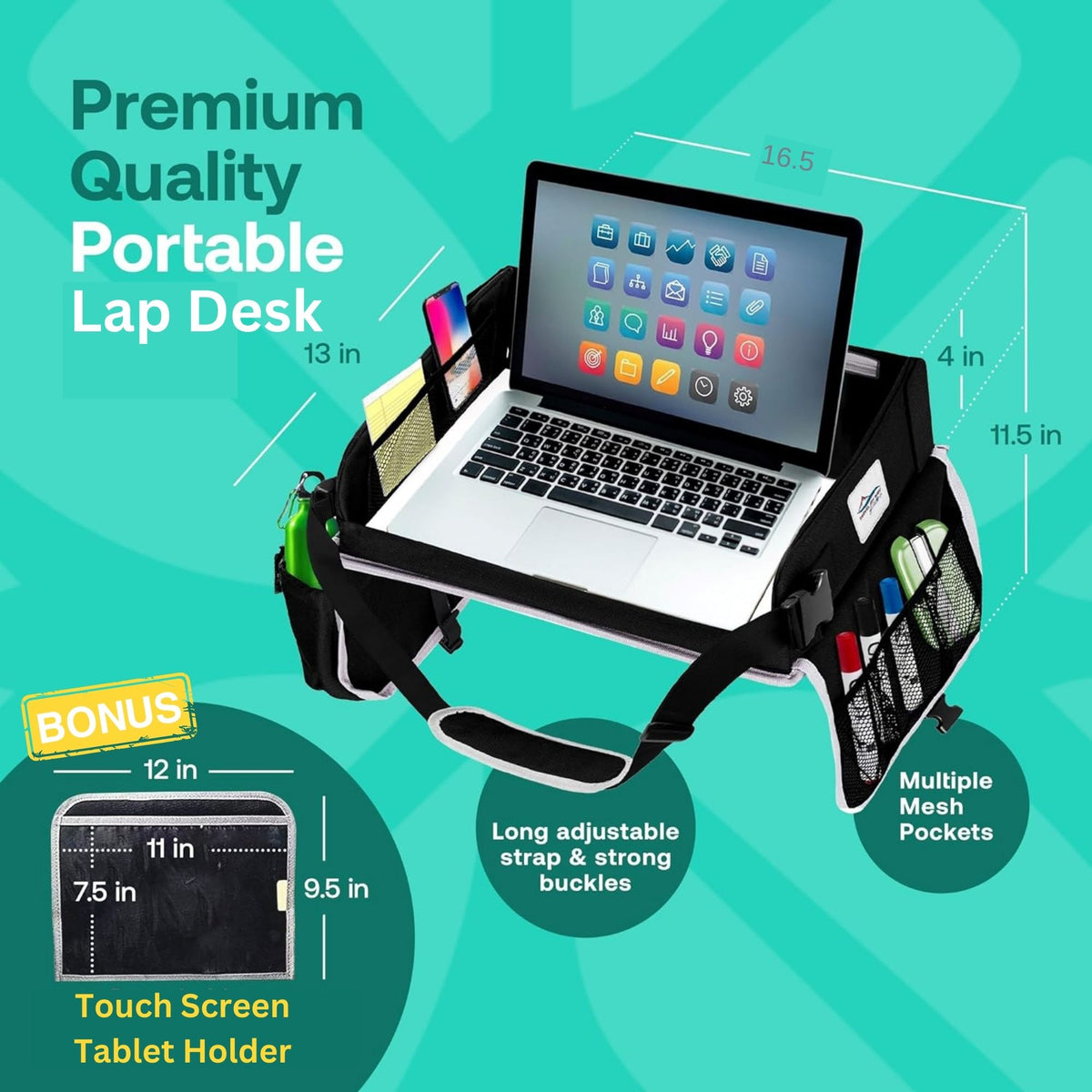 Cerizona Travel Lap Desk – Foldable, Portable Laptop Desk with Built-in Storage, Cup Holder, and Carrying Case, for Car, Remote Work, School, Road Trips, and Craft Activities | Fits Laptops up to 15.6" (Black)