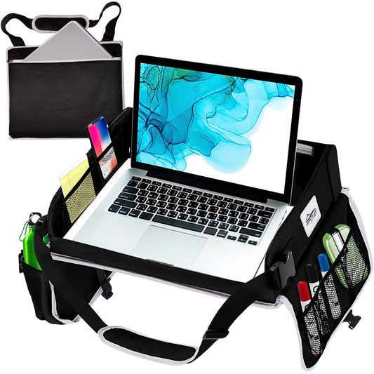Cerizona Travel Lap Desk – Foldable, Portable Laptop Desk with Built-in Storage, Cup Holder, and Carrying Case, for Car, Remote Work, School, Road Trips, and Craft Activities | Fits Laptops up to 15.6" (Black)