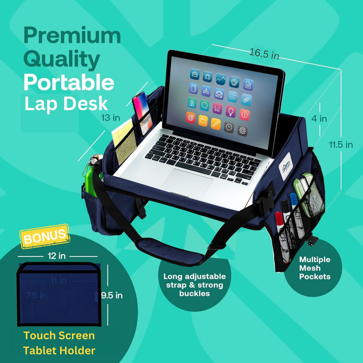 Cerizona Travel Lap Desk – Foldable, Portable Laptop Desk with Built-in Storage, Cup Holder, and Carrying Case, for Car, Remote Work, School, Road Trips, and Craft Activities | Fits Laptops up to 15.6" (Navy)