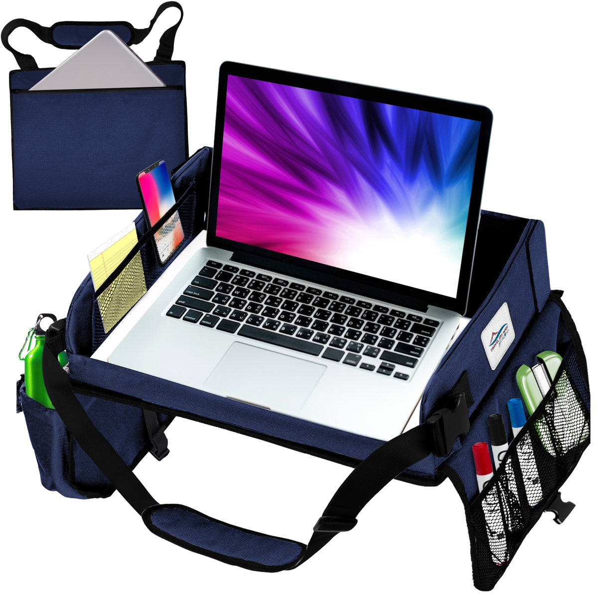Cerizona Travel Lap Desk – Foldable, Portable Laptop Desk with Built-in Storage, Cup Holder, and Carrying Case, for Car, Remote Work, School, Road Trips, and Craft Activities | Fits Laptops up to 15.6" (Navy)