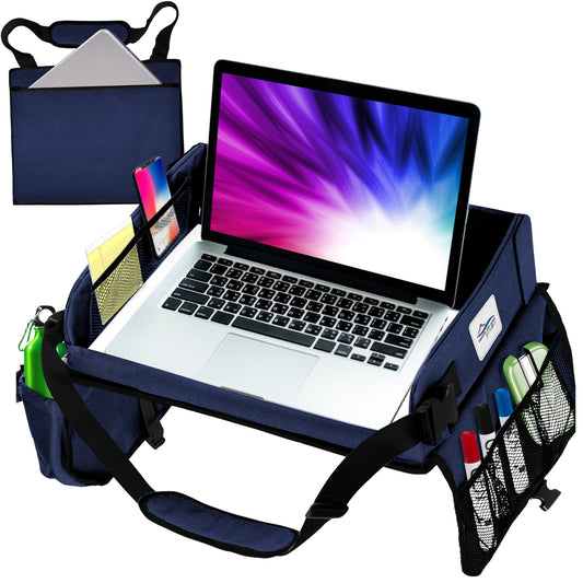 Cerizona Travel Lap Desk – Foldable, Portable Laptop Desk with Built-in Storage, Cup Holder, and Carrying Case, for Car, Remote Work, School, Road Trips, and Craft Activities | Fits Laptops up to 15.6" (Navy)