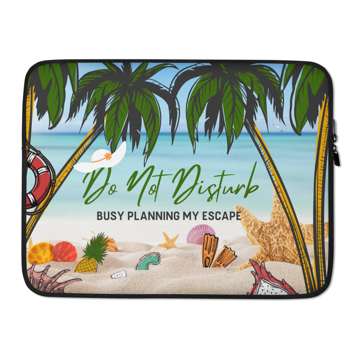 Laptop sleeve with beach scene and 'Do Not Disturb' text