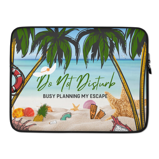 Laptop sleeve with beach scene and 'Do Not Disturb' text